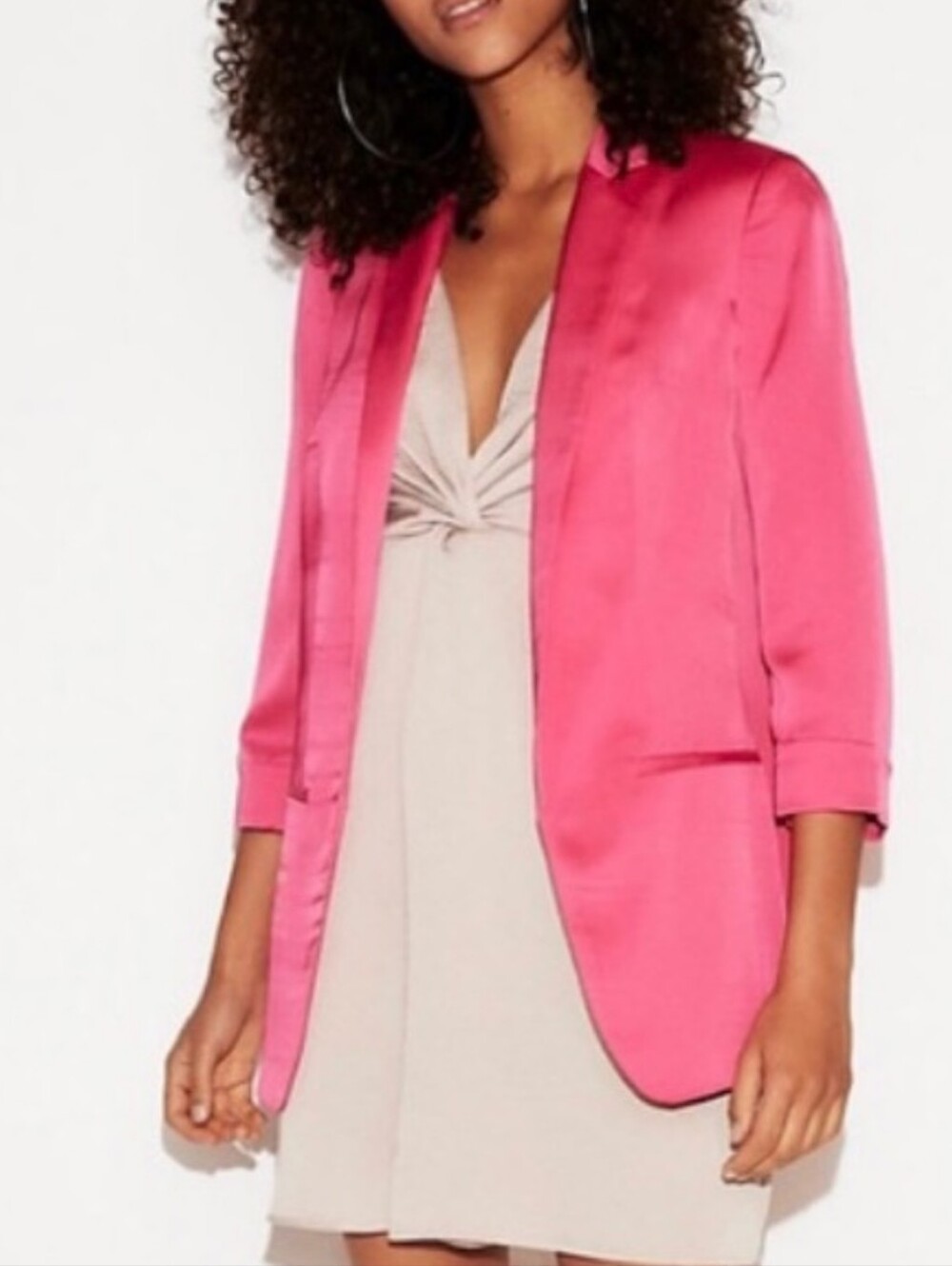 Express Hot Pink Open Front Boyfriend Blazer with 3/4 Rolled Sleeves Size Medium